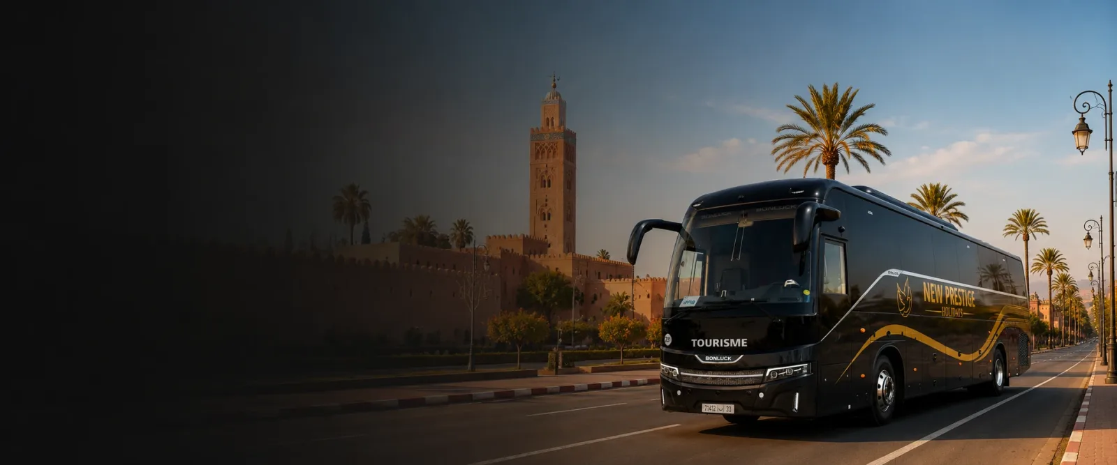 New Prestige coach beside the medina at golden hour, Marrakech